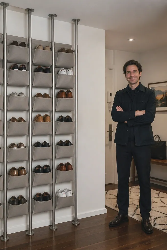 Tall narrow shoe storage using tension rods and fabric shelves in a clean vertical column