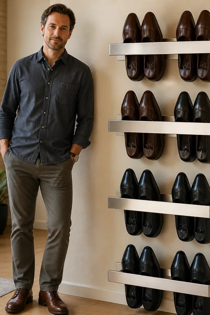 Wall-mounted magnetic strip holding shoes with metal loops and a clean shelf base
