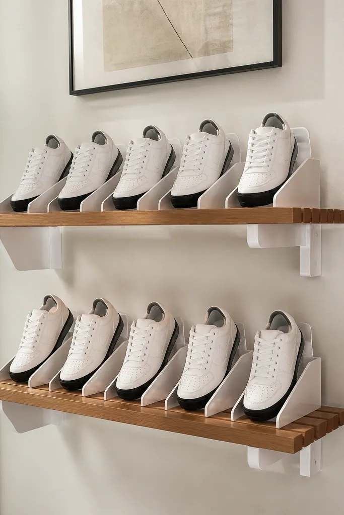 Two floating shelves with small angled wooden inserts holding shoes