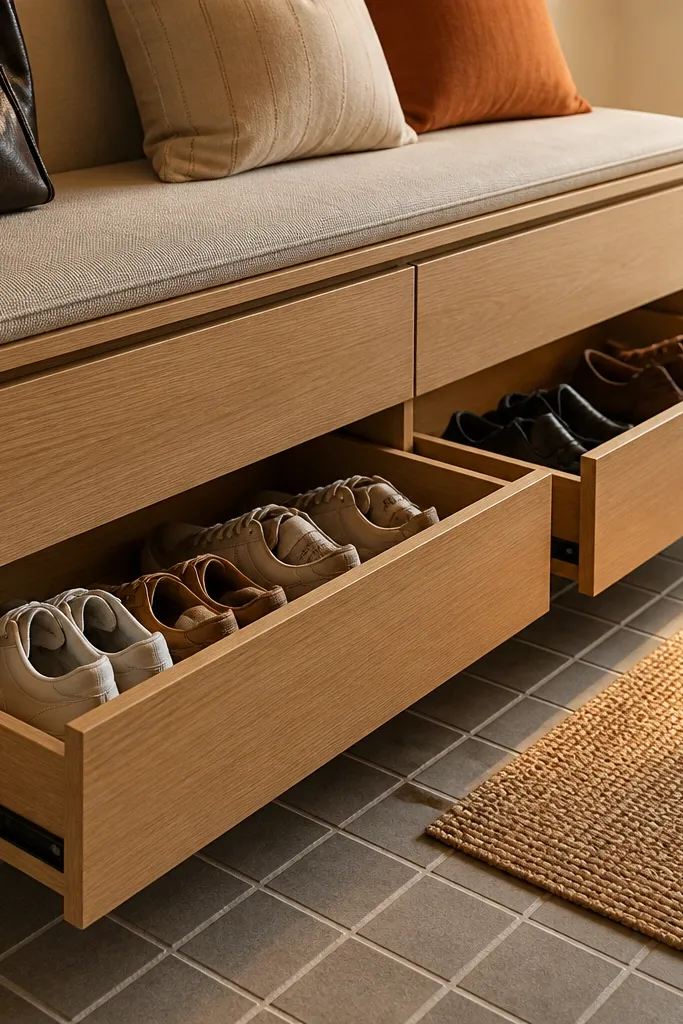 Wood bench base with two pull-out drawers for shoes