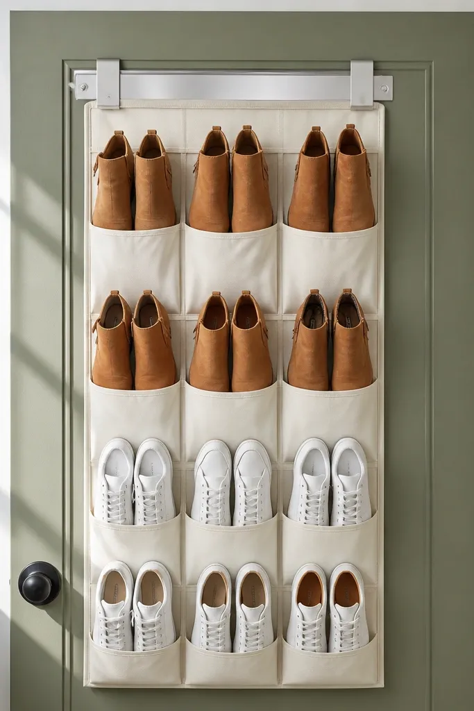 Door-mounted shoe pockets with a neat wooden top bar
