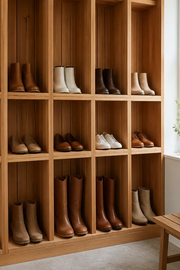 Wood slat wall with evenly spaced open cubbies for shoes