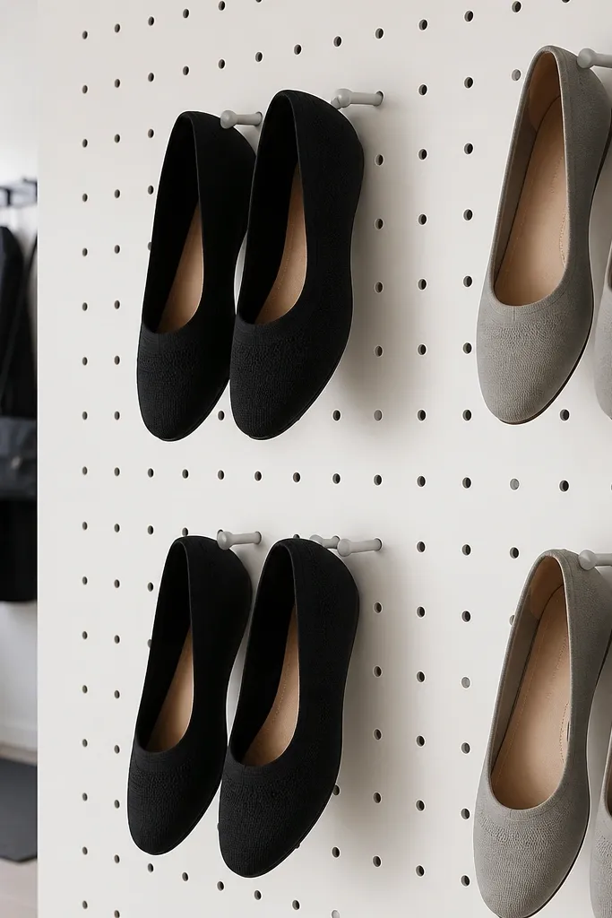 White pegboard with grid hooks holding shoes by the sides