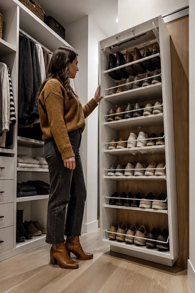 Closet corner with a hinged rack that swings out to reveal shoes