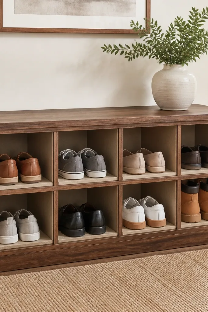 Small bench with cubby compartments and removable shoe inserts
