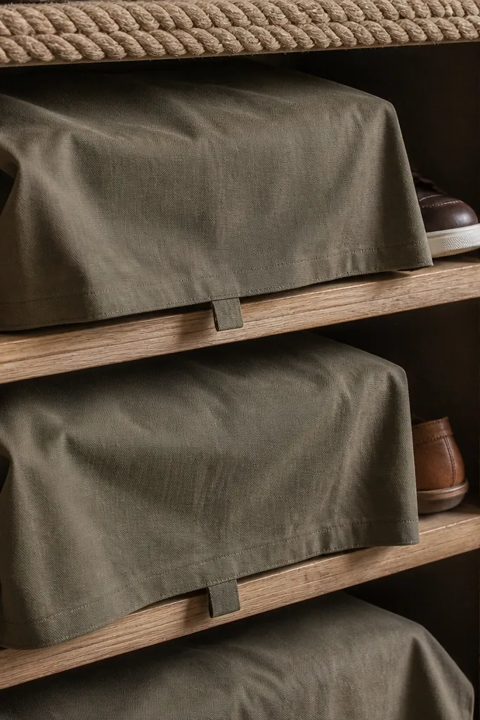 Wall shelf with rope trim and small fabric covers over shoe rows