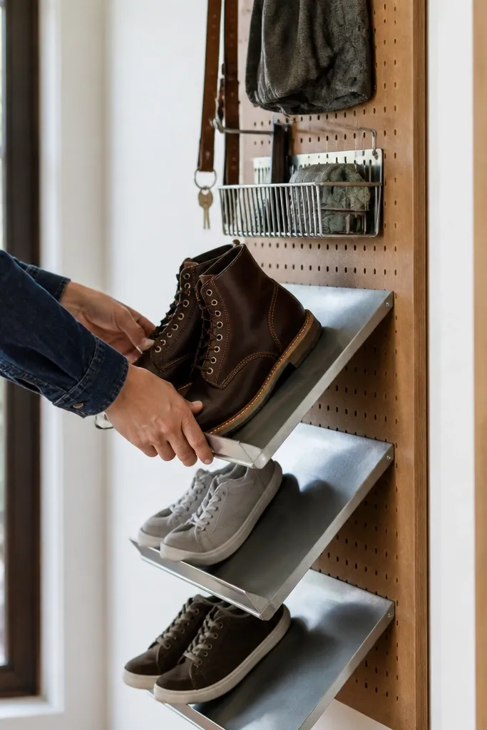 Pegboard wall with small slanted wooden sled shelves holding shoes