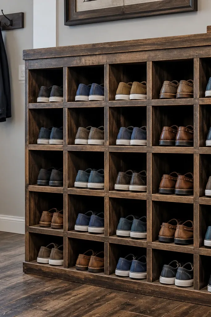 Wood cubby wall with square compartments for shoes in a grid