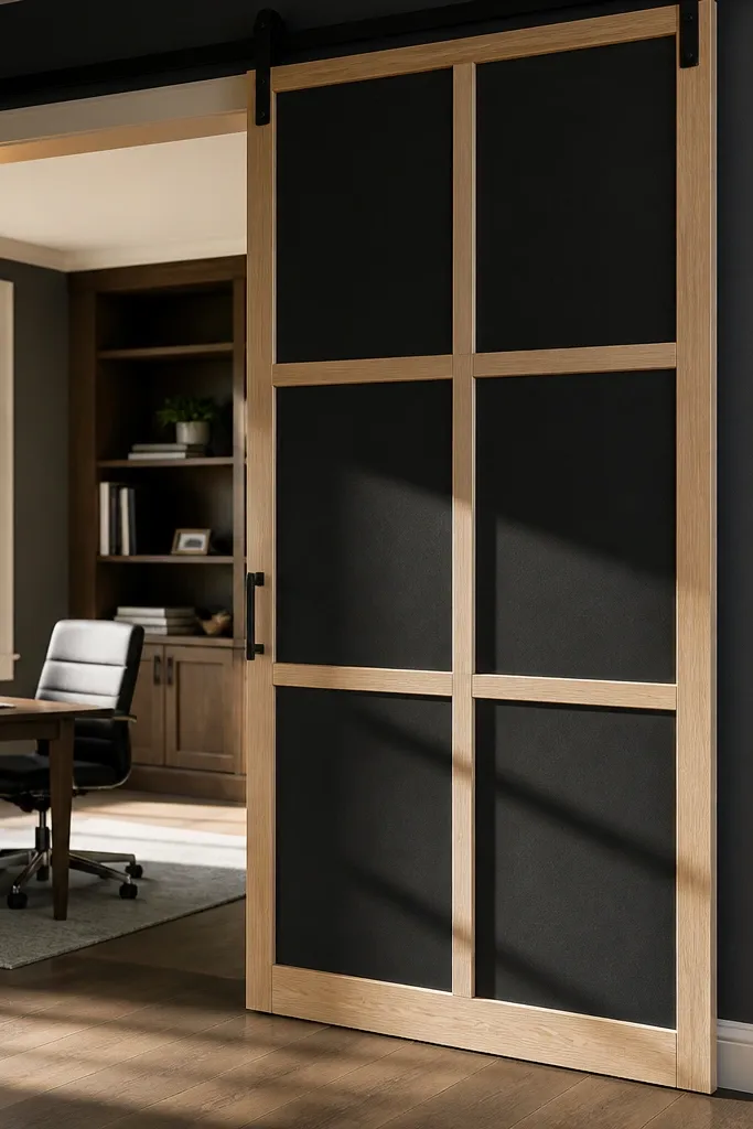 Dark charcoal sliding door with a white oak-look grid pattern in trim