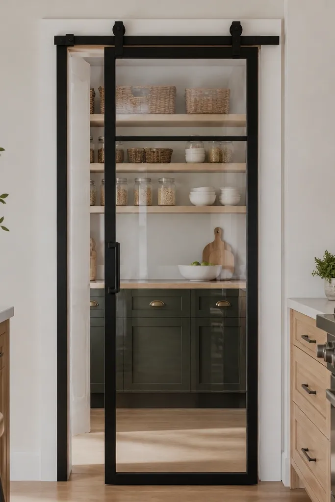 Black metal framed sliding door with a clear panel in the center
