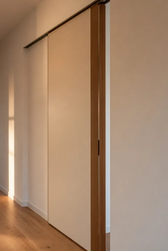 Cream sliding door face with a walnut-colored band around the edges