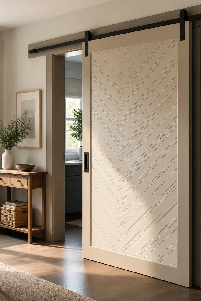 Wood sliding door with a small herringbone pattern across the face