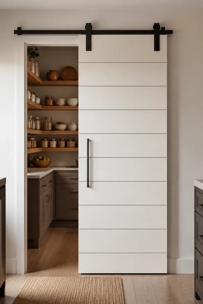 Sliding door with horizontal plank lines and a modern wide border