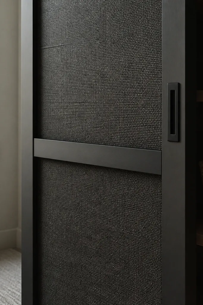 Matte black sliding door frame with a woven fabric panel center