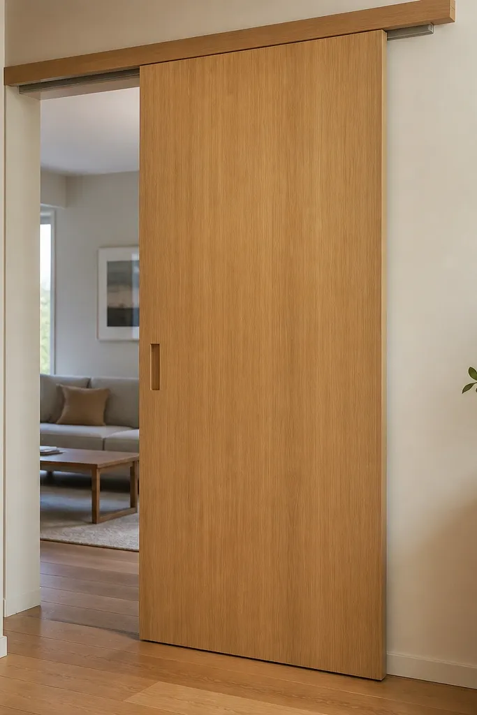 Warm wood sliding door with straight, rift-sawn style grain pattern
