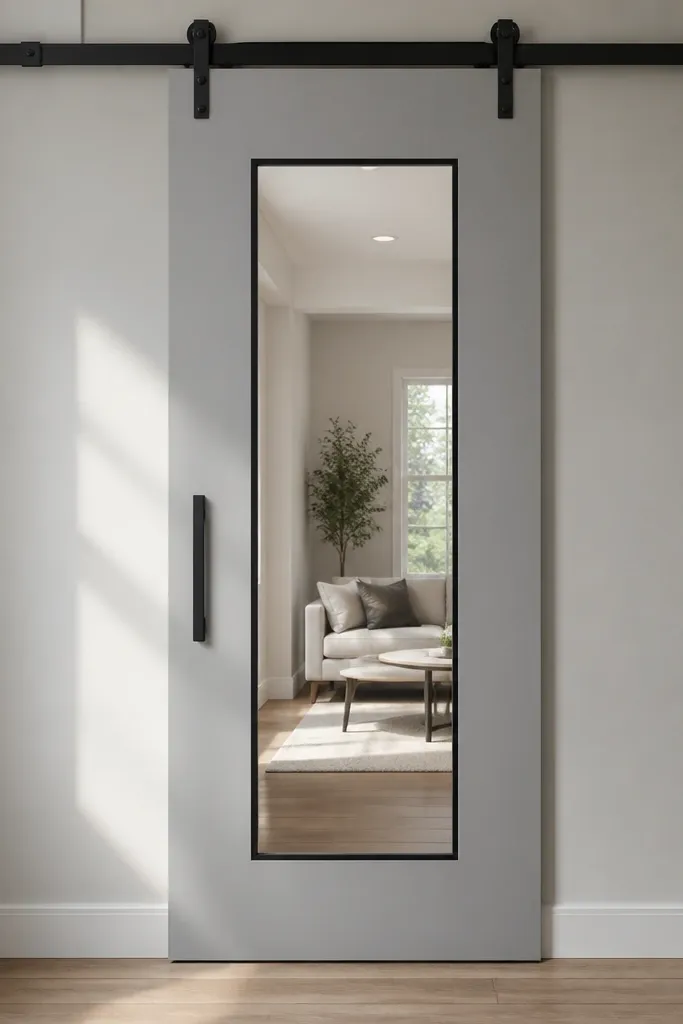 Sliding door with a clear glass rectangle and thin black trim border