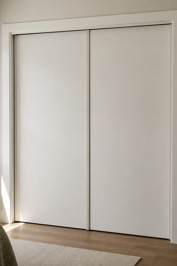 Sliding door split into two panels with a dark vertical groove in the middle