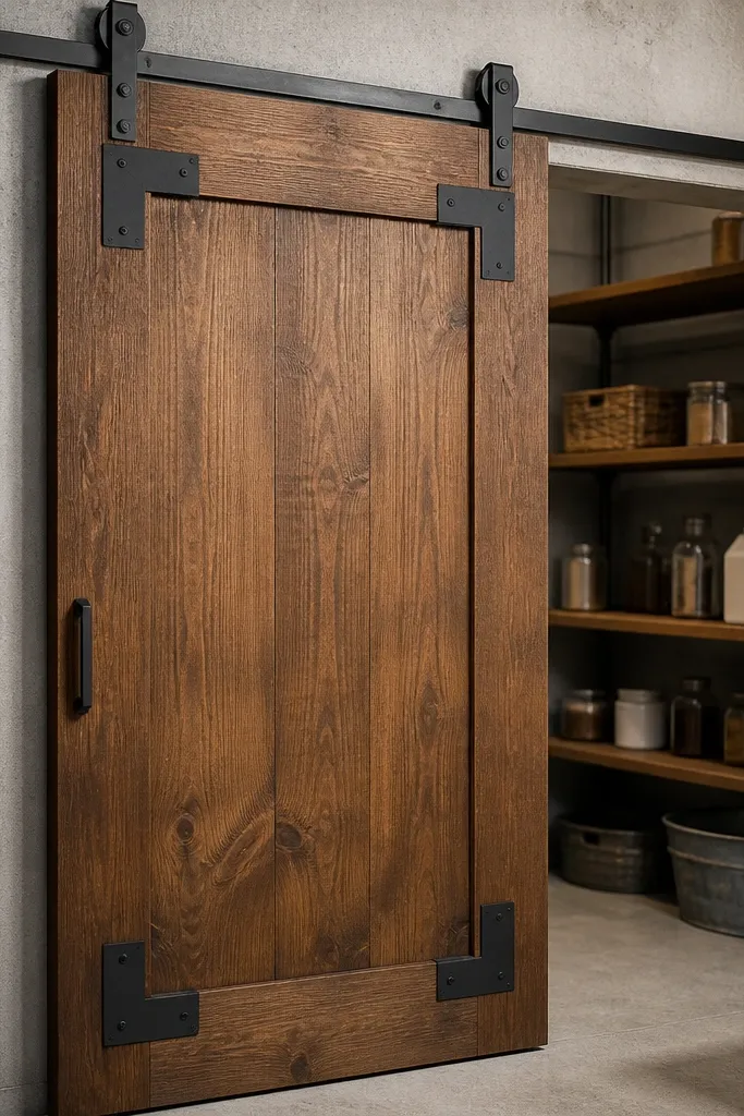 Stained wood sliding door with black corner brackets and clean panel center