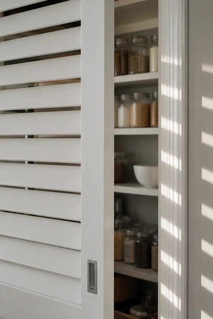 Sliding door with angled wood louvers and a modern matte finish