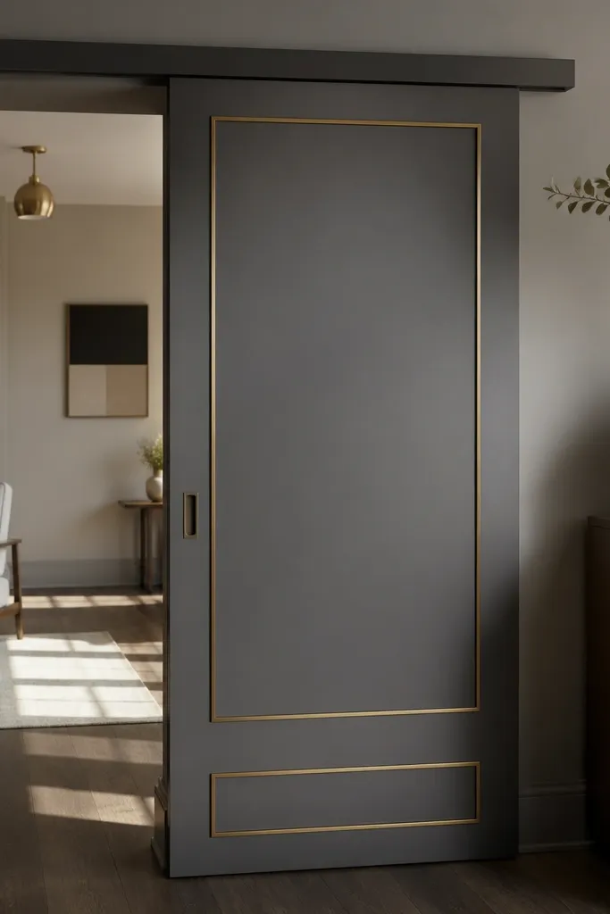 Matte gray sliding door with thin brass trim outlining the panel