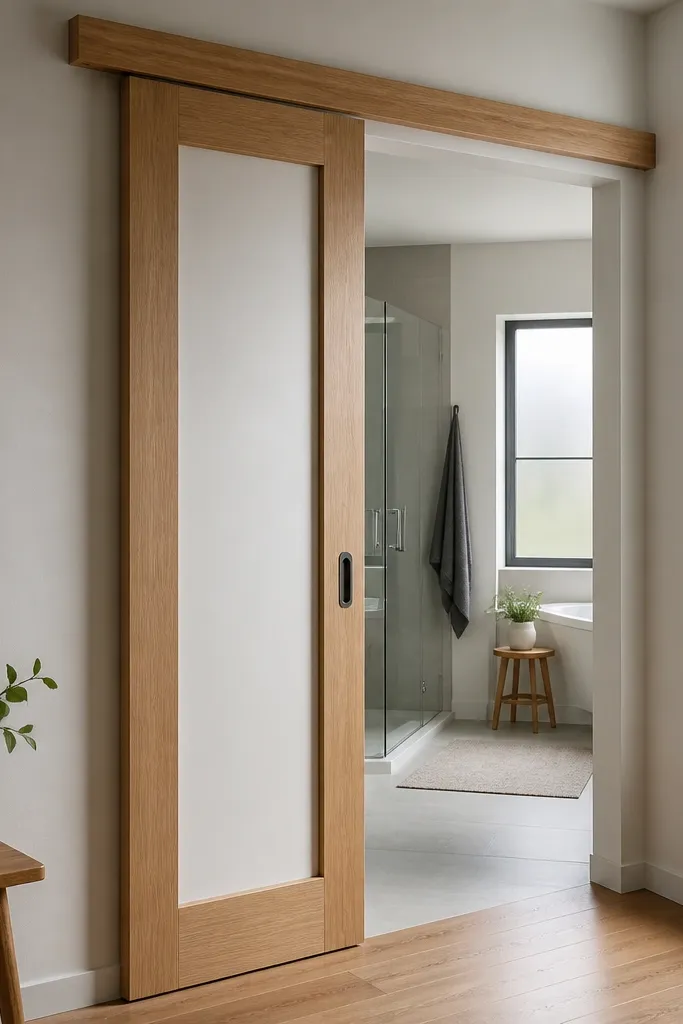 Sliding door with slim wood frame and recessed center panel