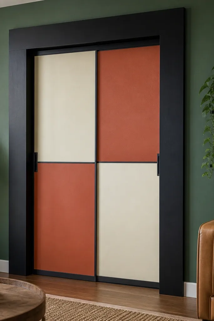 Sliding door with a large frame border and bold color blocks inside