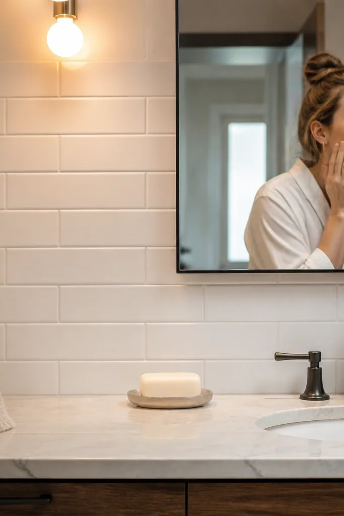 White peel-and-stick subway tile backsplash behind a small vanity