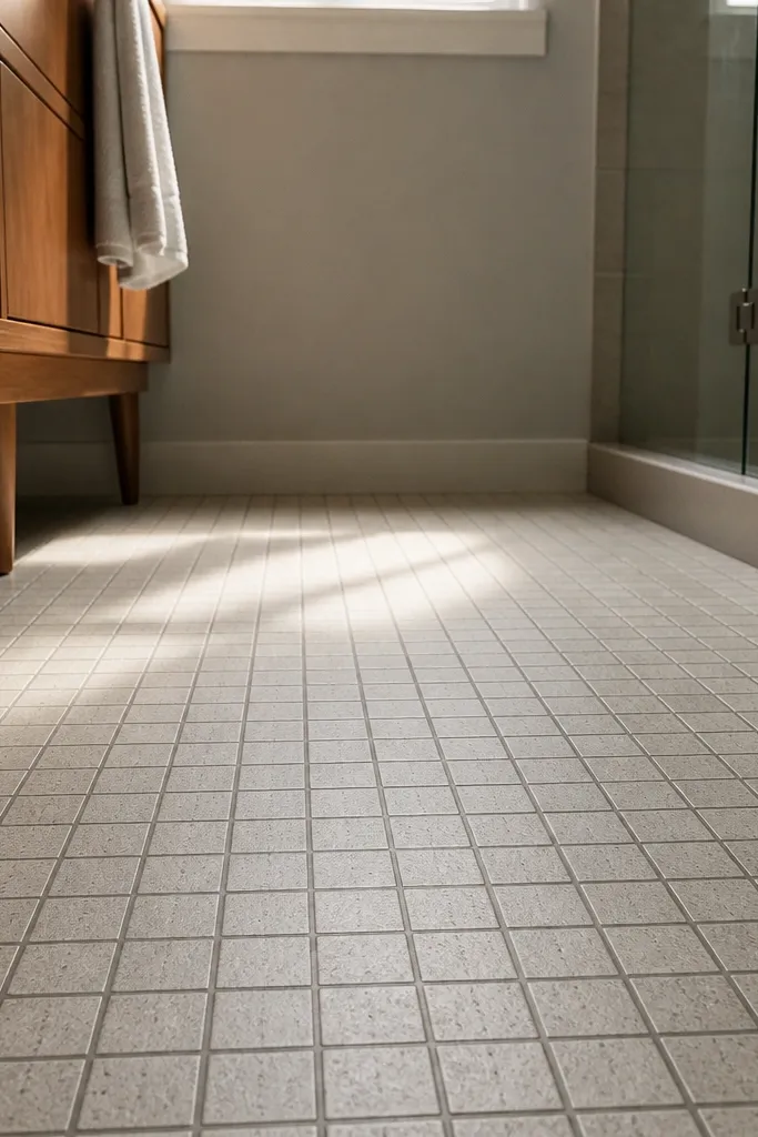 Gray faux cement painted floor with subtle speckled square pattern