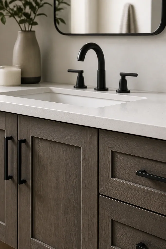 Matte black cabinet pulls on a small bathroom vanity