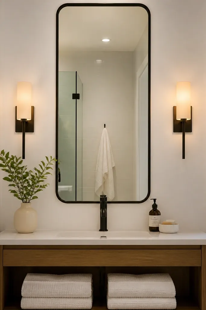 Slim black framed tall mirror above a small bathroom sink