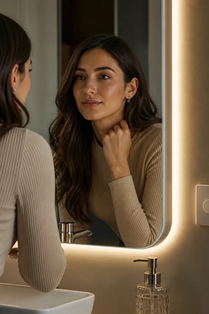 Soft warm LED glow around a bathroom mirror