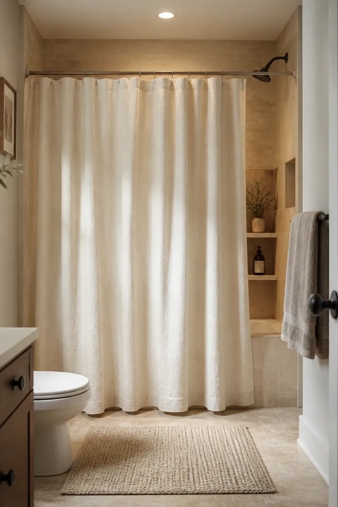Linen-look shower curtain with white and soft gray tones