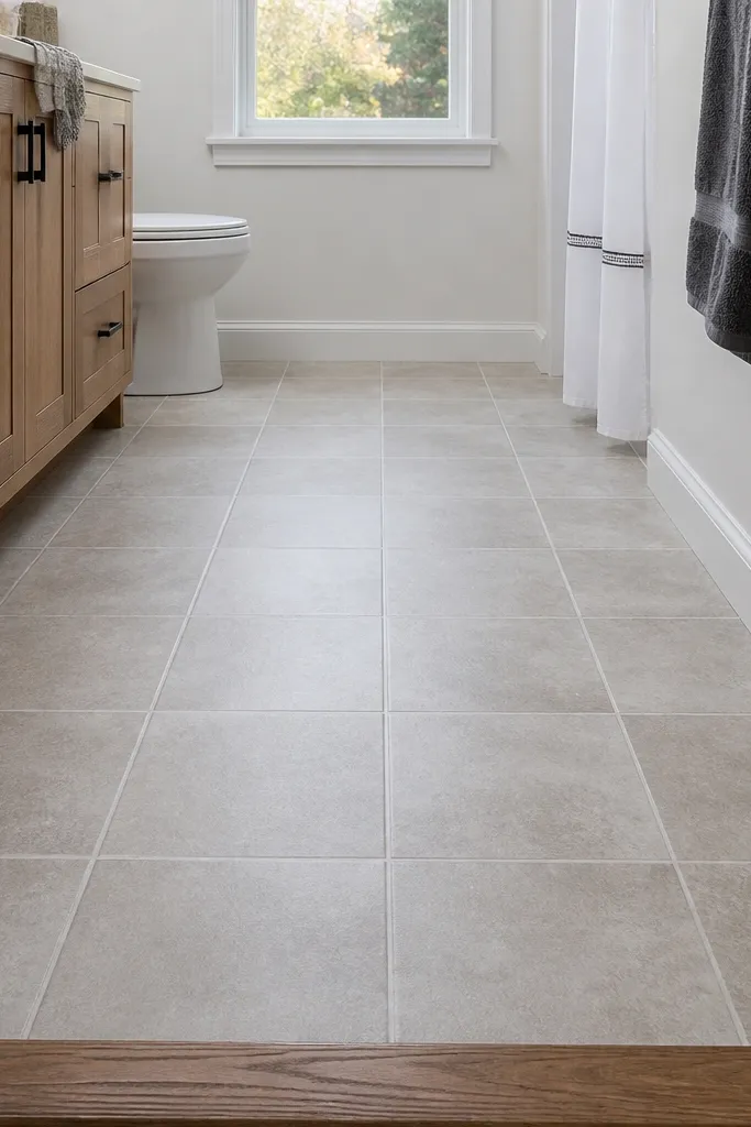 Grout-look peel-and-stick floor tiles in a small bathroom