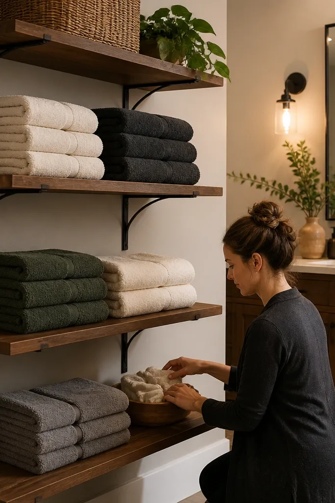 Two-tier open wood shelves with black brackets in a small bathroom