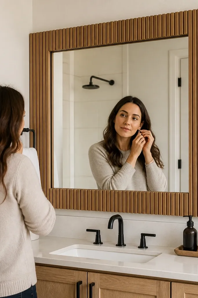 Wood slats wrapped around a bathroom mirror frame