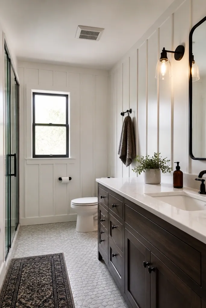 White board-and-batten wall panels in a small bathroom
