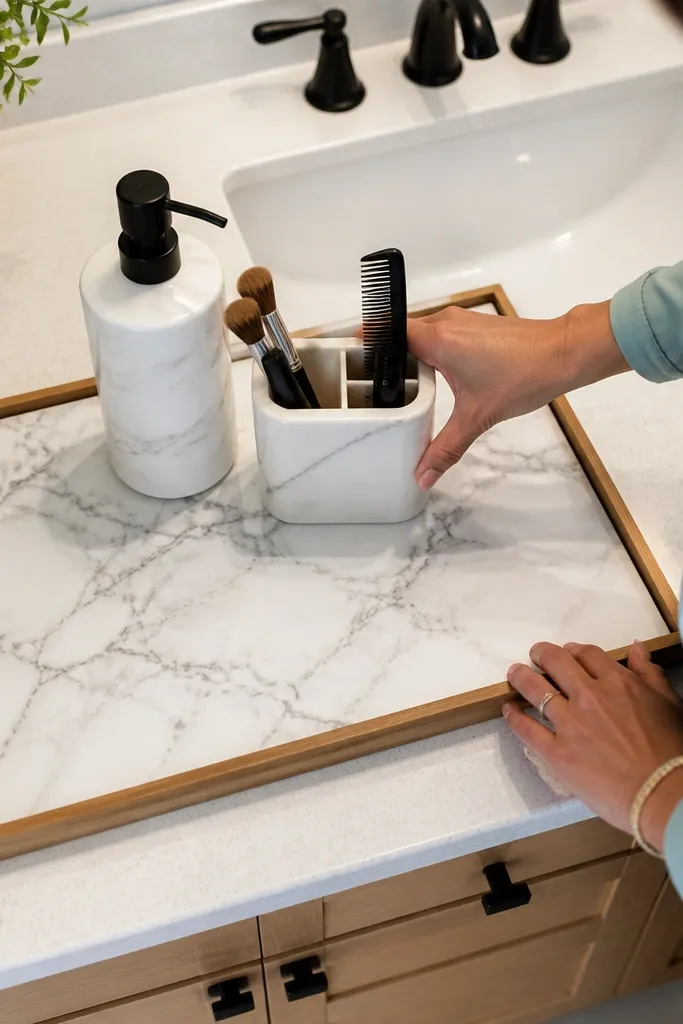 Marble-look contact paper on a small vanity shelf surface