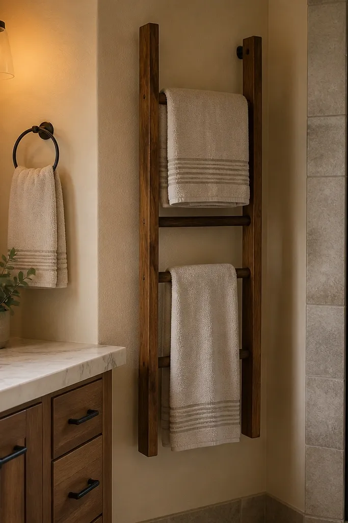 Small corner towel ladder in stained wood