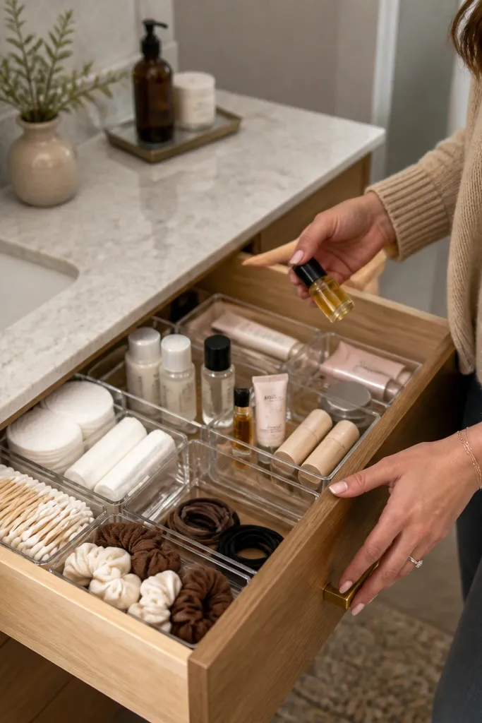 Clear labeled bins inside a small bathroom vanity drawer