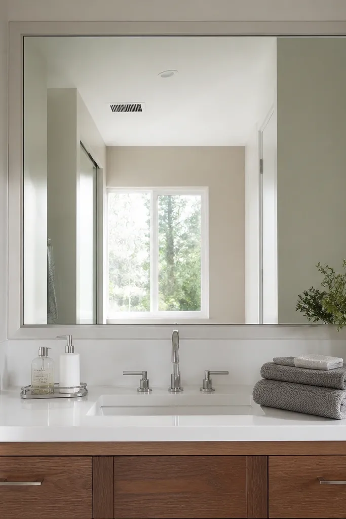 Simple recessed mirror panel where a medicine cabinet used to be
