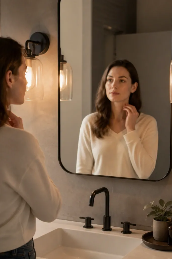 Vanity light with glass shades and warm lighting over a small sink