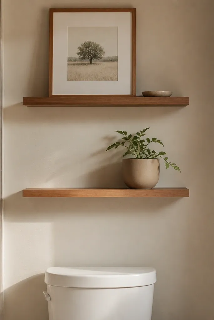 Small bathroom wall with a picture ledge holding framed prints and decor