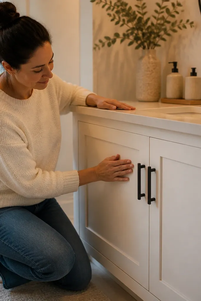 Small bathroom vanity painted a soft color with clean hardware