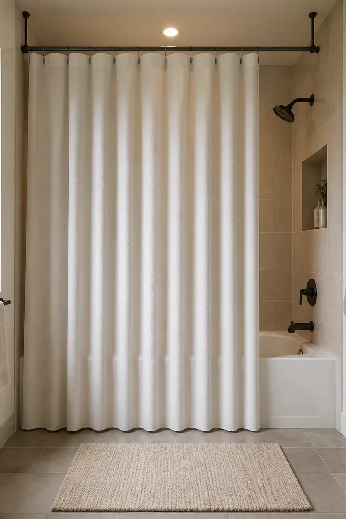 Ceiling-mounted shower rod with straight lines above a small shower