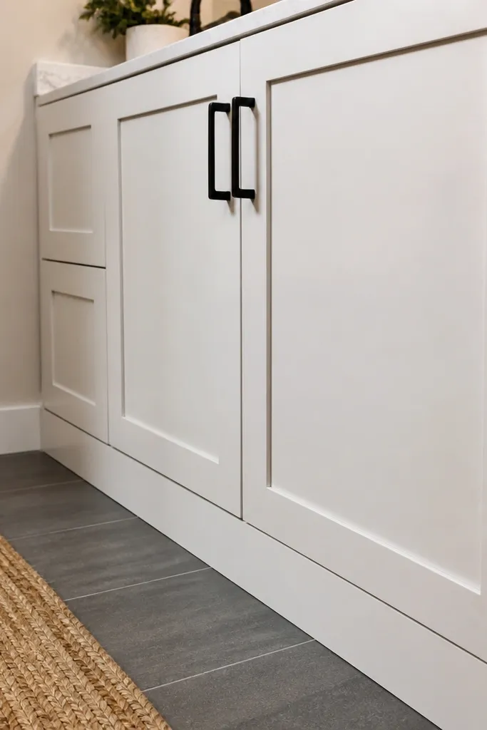 Small vanity bottom skirt painted white for a cleaner look