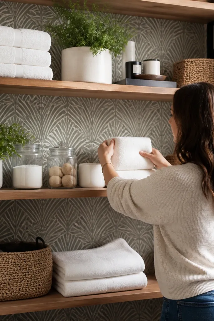 Peel-and-stick wallpaper behind open bathroom shelves