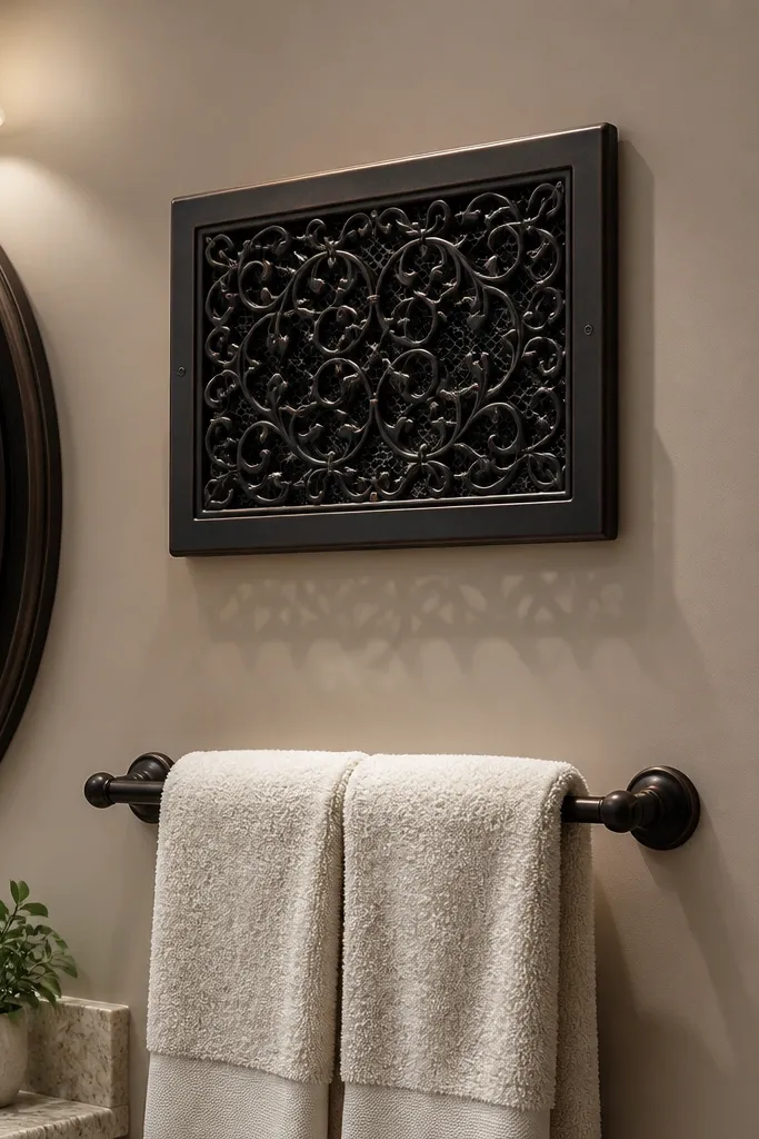 Decorative vent grille on a small bathroom wall