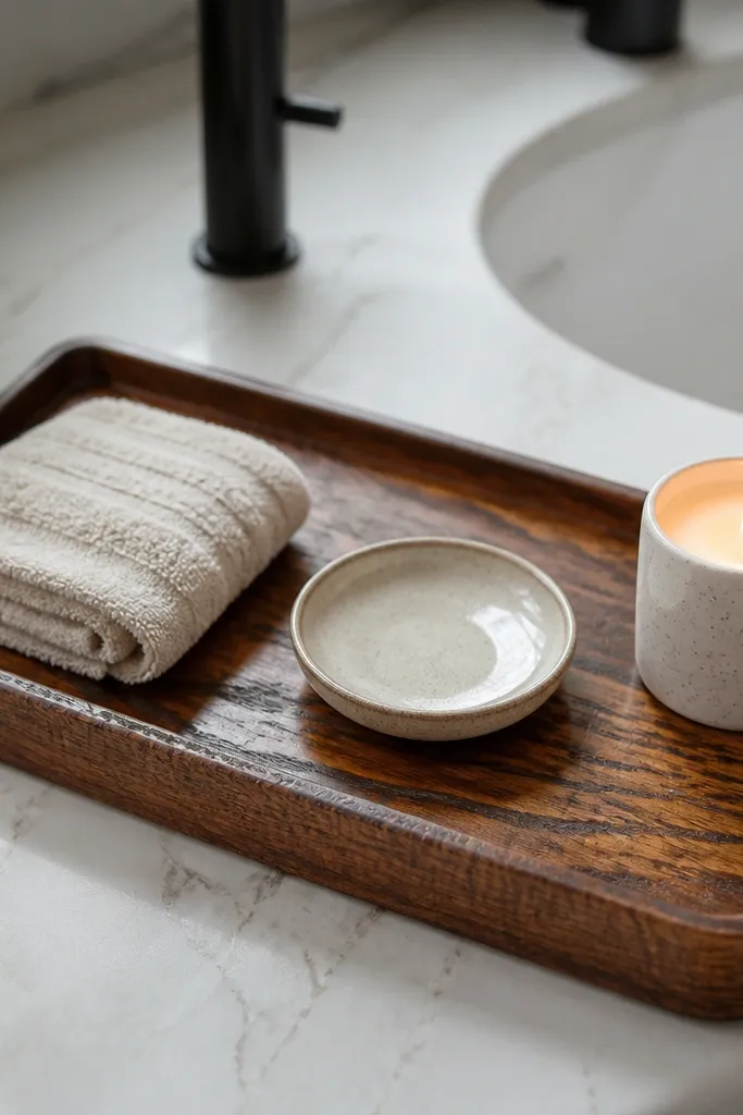 Small rustic wood tray on a bathroom vanity with soap and a candle