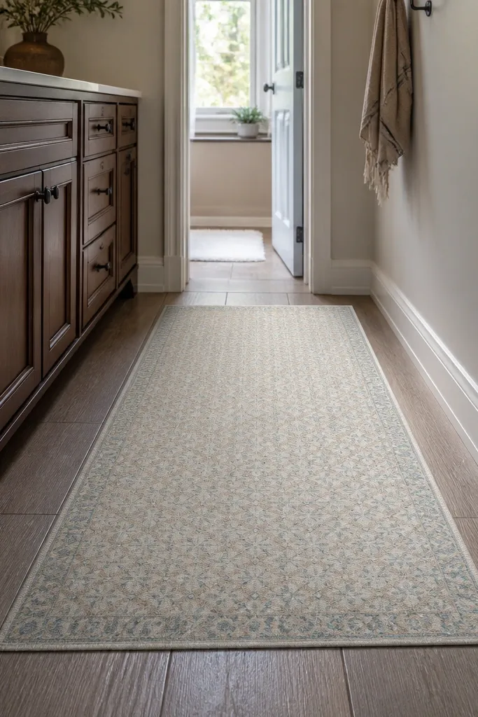Runner-style bath rug on small bathroom floor with non-slip backing