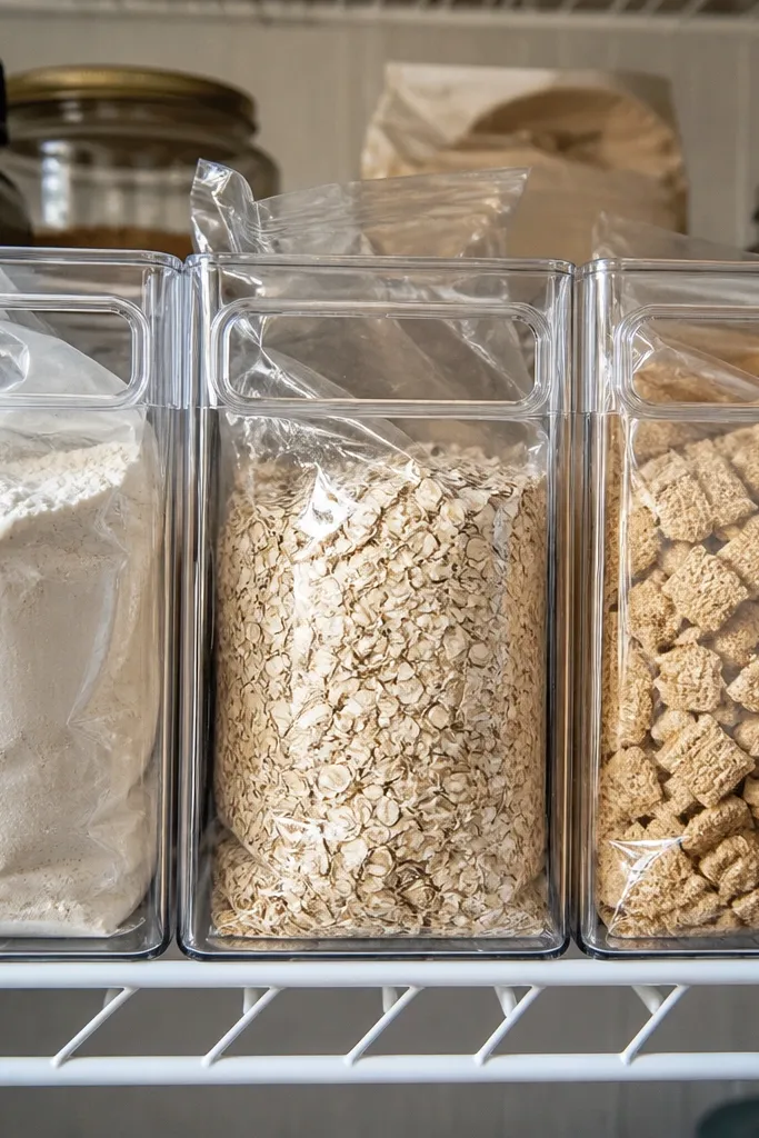 Clear shallow bins lined on a pantry shelf with labels on the front
